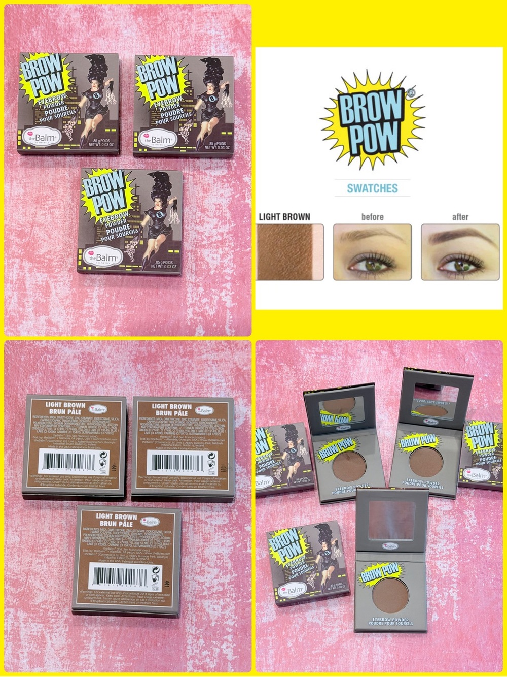theBalm Brow Pow Eyebrow Powder Shade Light Brown Brow Makeup Bundle NEW! BNIB